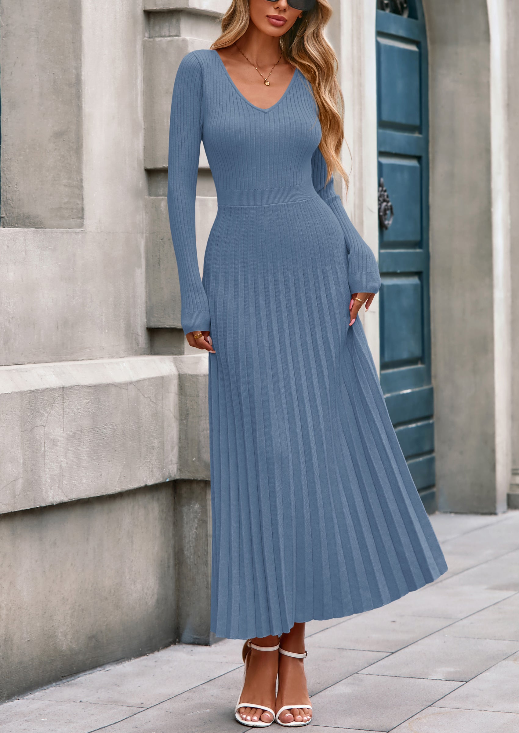 PRETTYGARDEN Women Sweater Dress Fall Fashion Long Sleeve V Neck Ribbed Knit Pleated A Line Elegant Maxi Winter Dresses