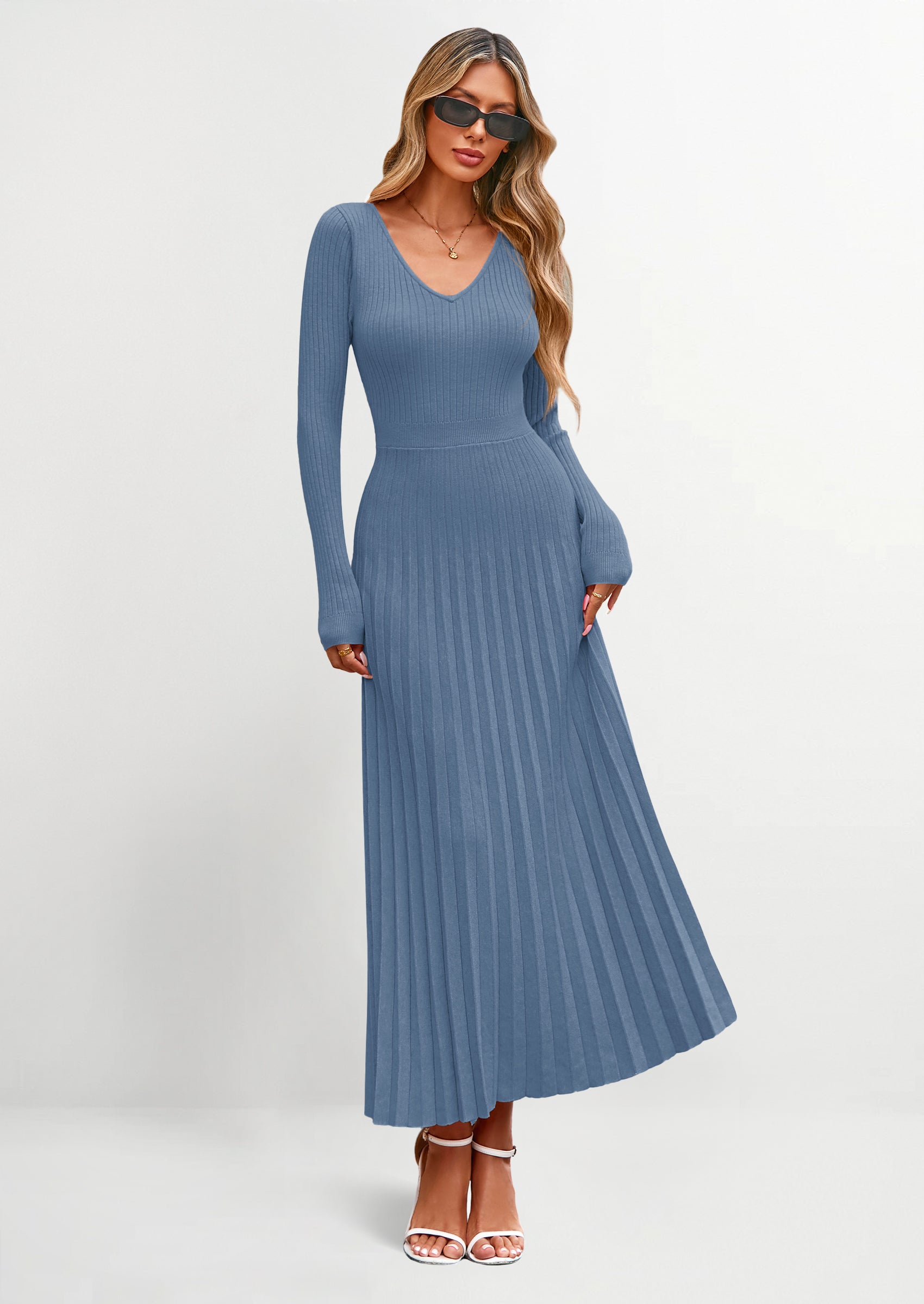 PRETTYGARDEN Women Sweater Dress Fall Fashion Long Sleeve V Neck Ribbed Knit Pleated A Line Elegant Maxi Winter Dresses