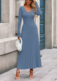 PRETTYGARDEN Women Sweater Dress Fall Fashion Long Sleeve V Neck Ribbed Knit Pleated A Line Elegant Maxi Winter Dresses