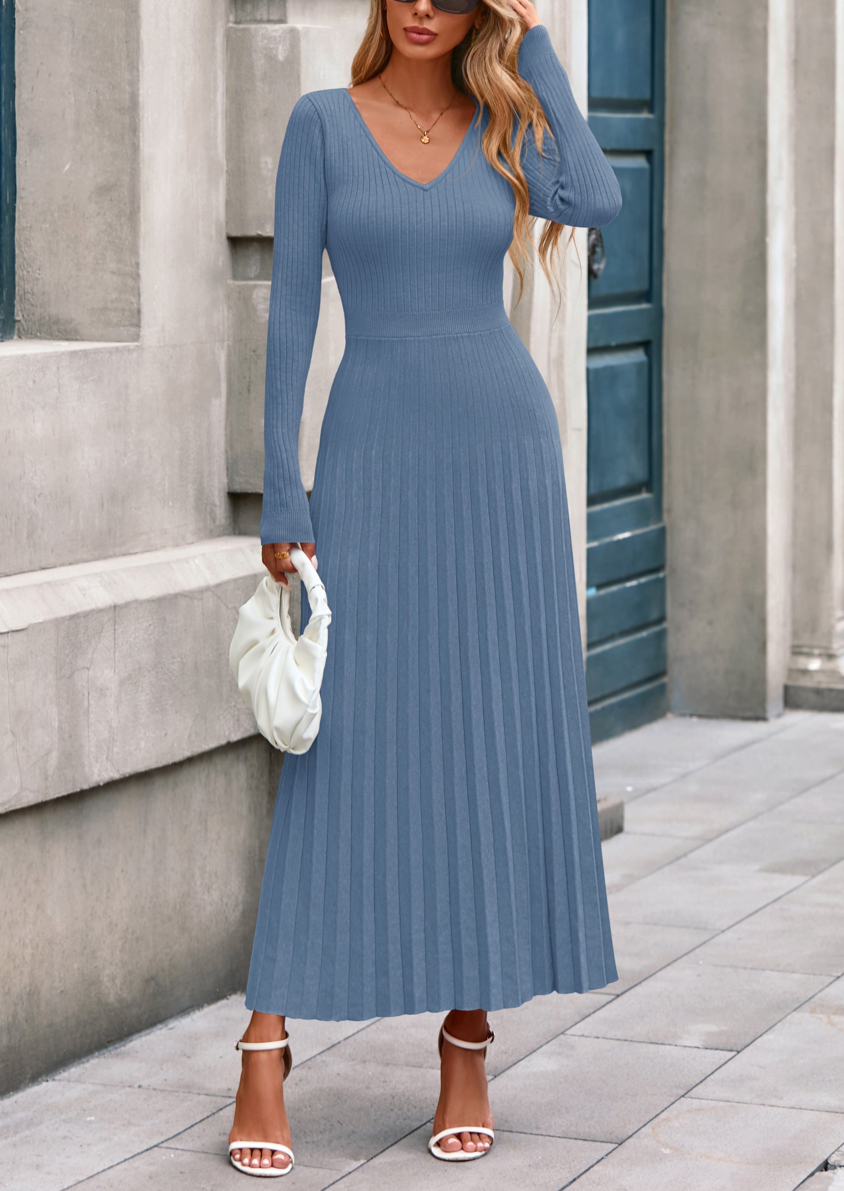 PRETTYGARDEN Women Sweater Dress Fall Fashion Long Sleeve V Neck Ribbed Knit Pleated A Line Elegant Maxi Winter Dresses