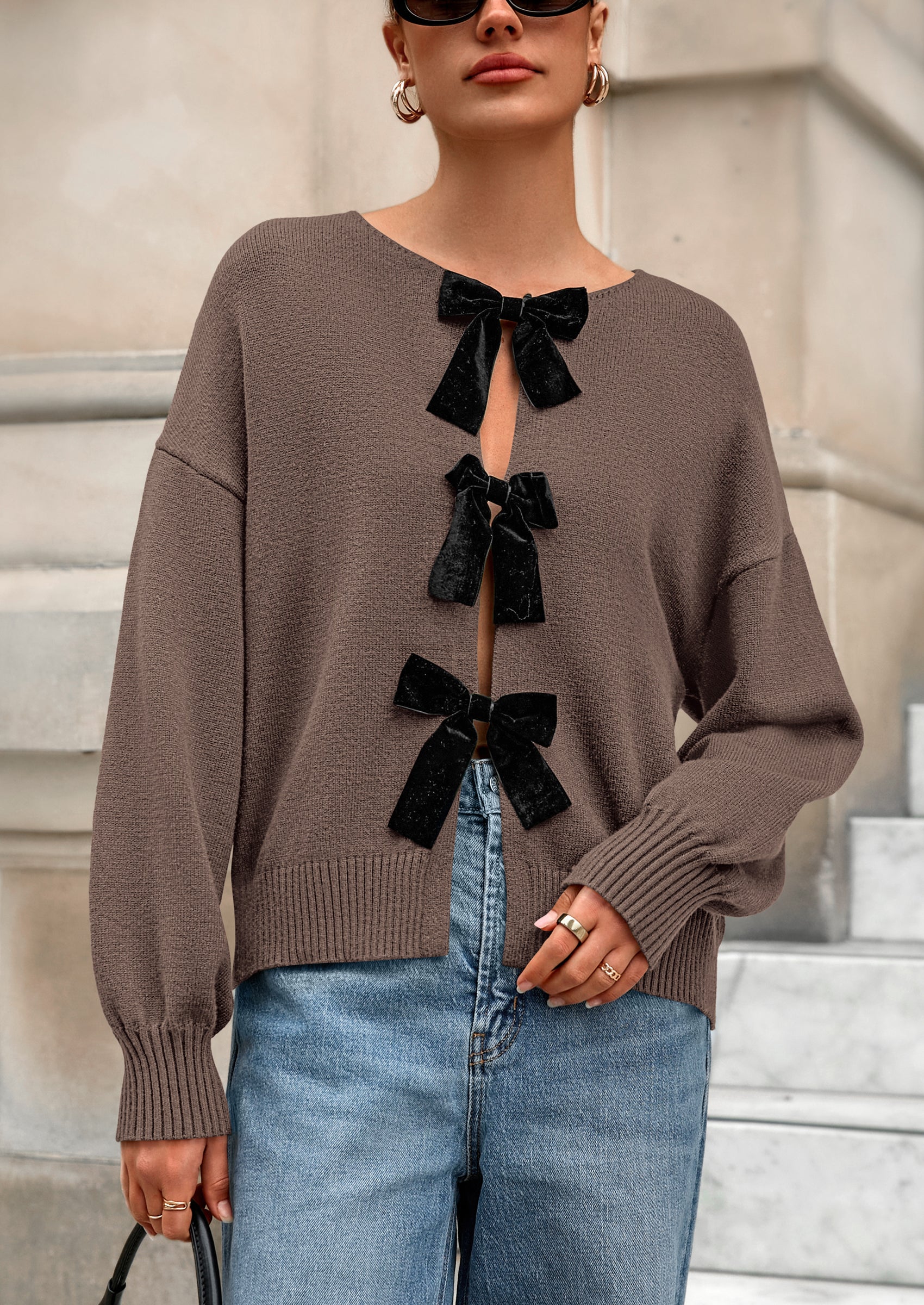 PRETTYGARDEN Cardigan Sweaters for Women Fall Bow Tie Front Long Sleeve Knit Sweater Tops Cute Going Out Outfits