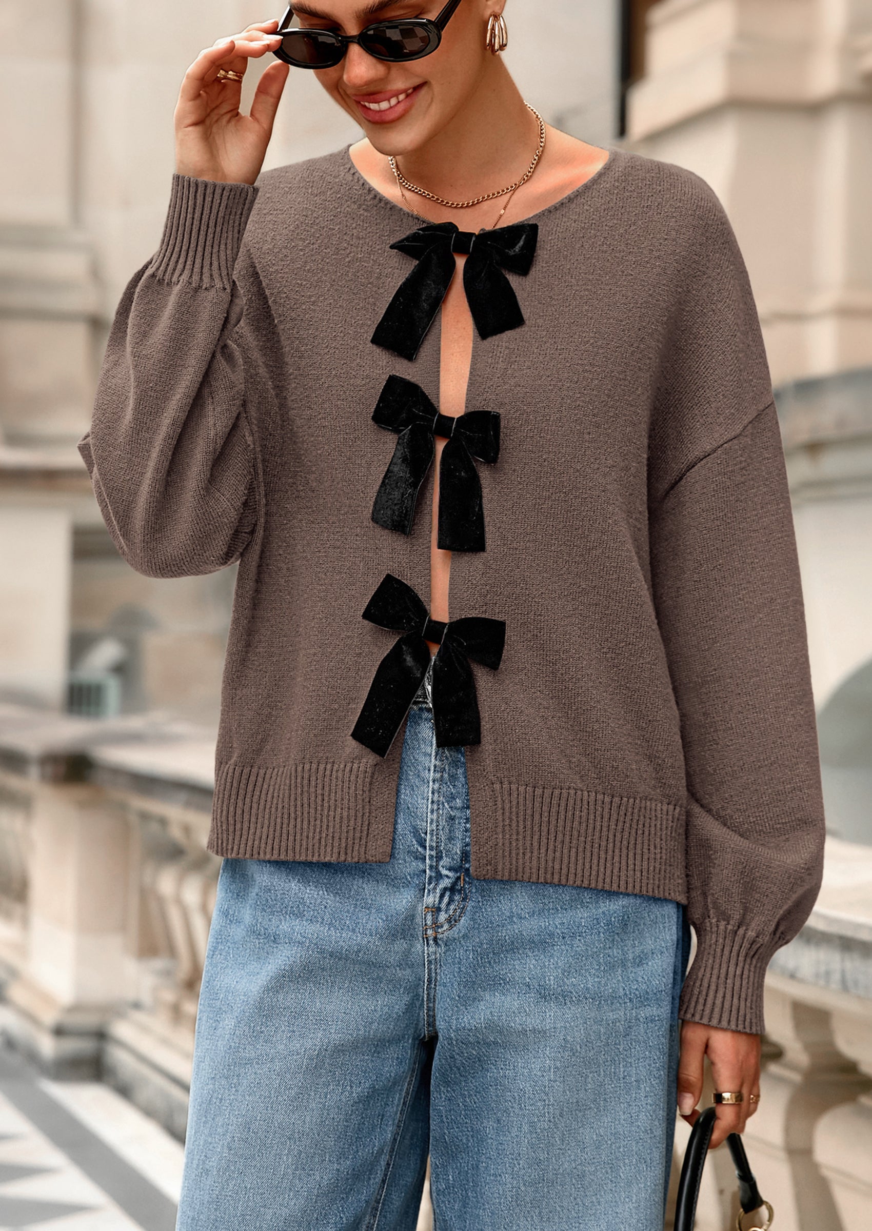 PRETTYGARDEN Cardigan Sweaters for Women Fall Bow Tie Front Long Sleeve Knit Sweater Tops Cute Going Out Outfits