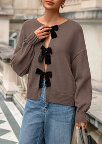 PRETTYGARDEN Cardigan Sweaters for Women Fall Bow Tie Front Long Sleeve Knit Sweater Tops Cute Going Out Outfits