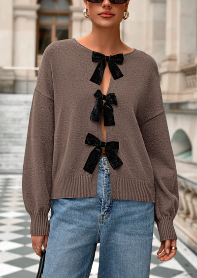 PRETTYGARDEN Cardigan Sweaters for Women Fall Bow Tie Front Long Sleeve Knit Sweater Tops Cute Going Out Outfits