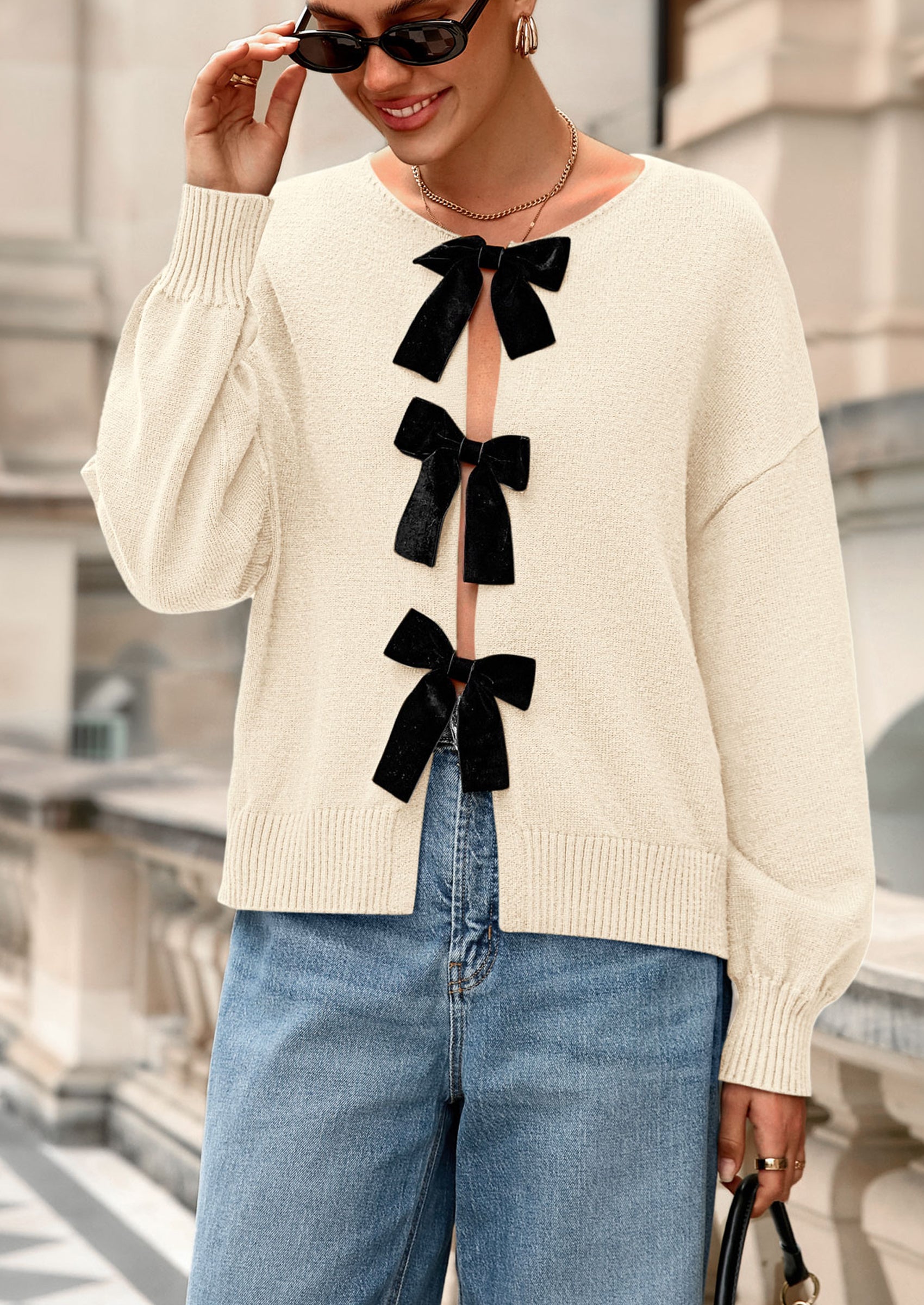 PRETTYGARDEN Cardigan Sweaters for Women Fall Bow Tie Front Long Sleeve Knit Sweater Tops Cute Going Out Outfits