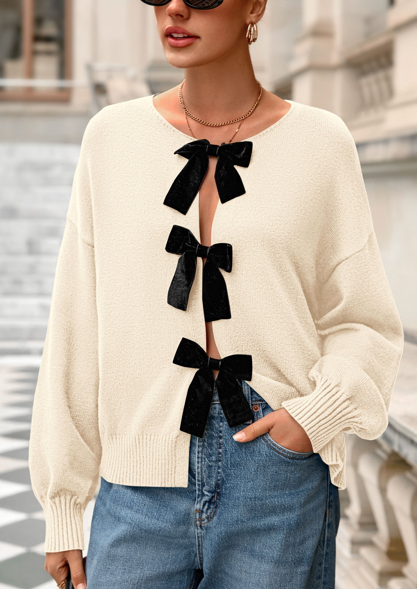 PRETTYGARDEN Cardigan Sweaters for Women Fall Bow Tie Front Long Sleeve Knit Sweater Tops Cute Going Out Outfits