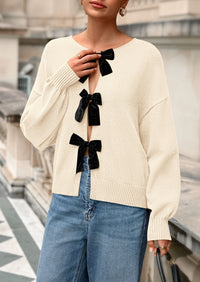 PRETTYGARDEN Cardigan Sweaters for Women Fall Bow Tie Front Long Sleeve Knit Sweater Tops Cute Going Out Outfits