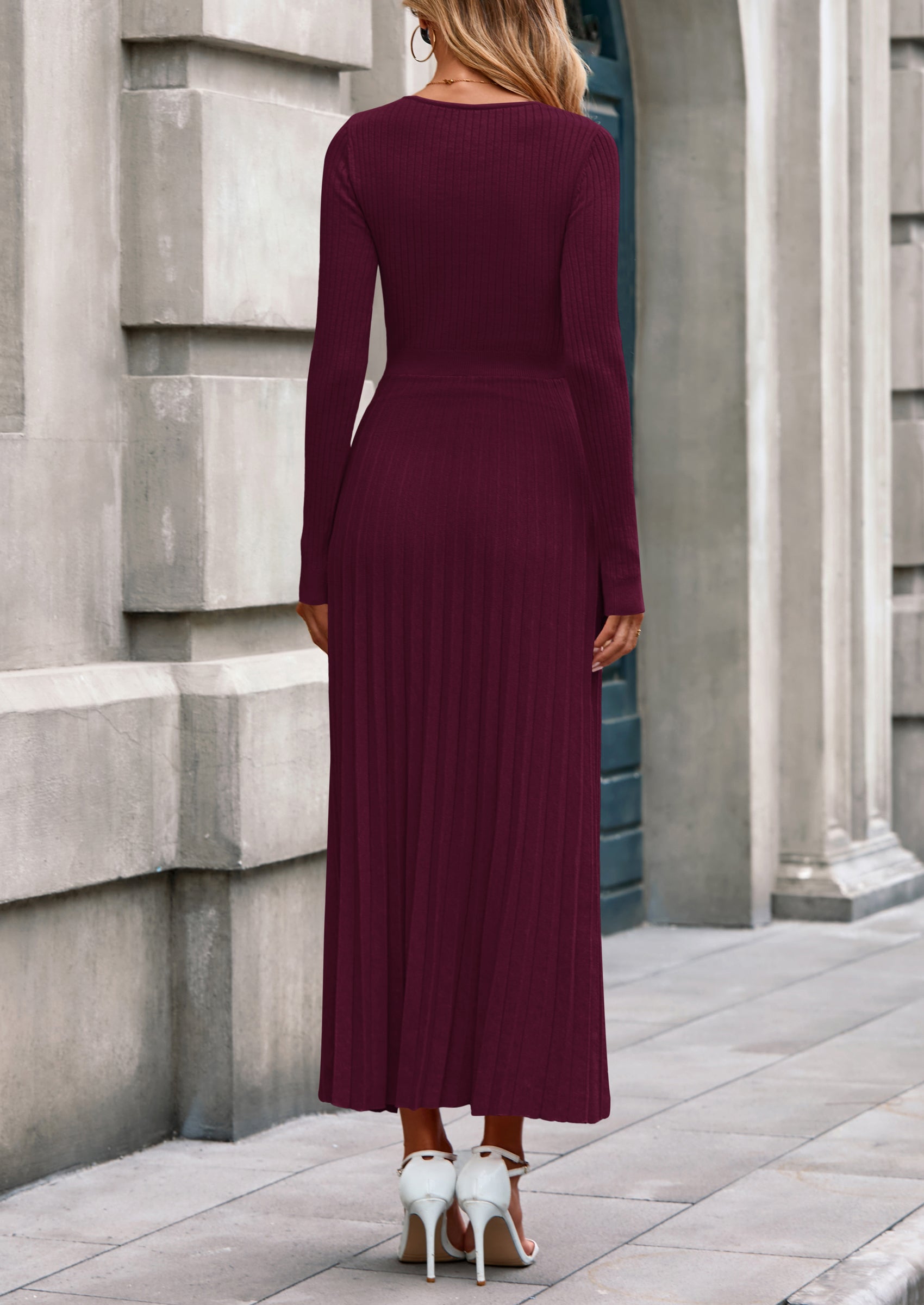 PRETTYGARDEN Women Sweater Dress Fall Fashion Long Sleeve V Neck Ribbed Knit Pleated A Line Elegant Maxi Winter Dresses