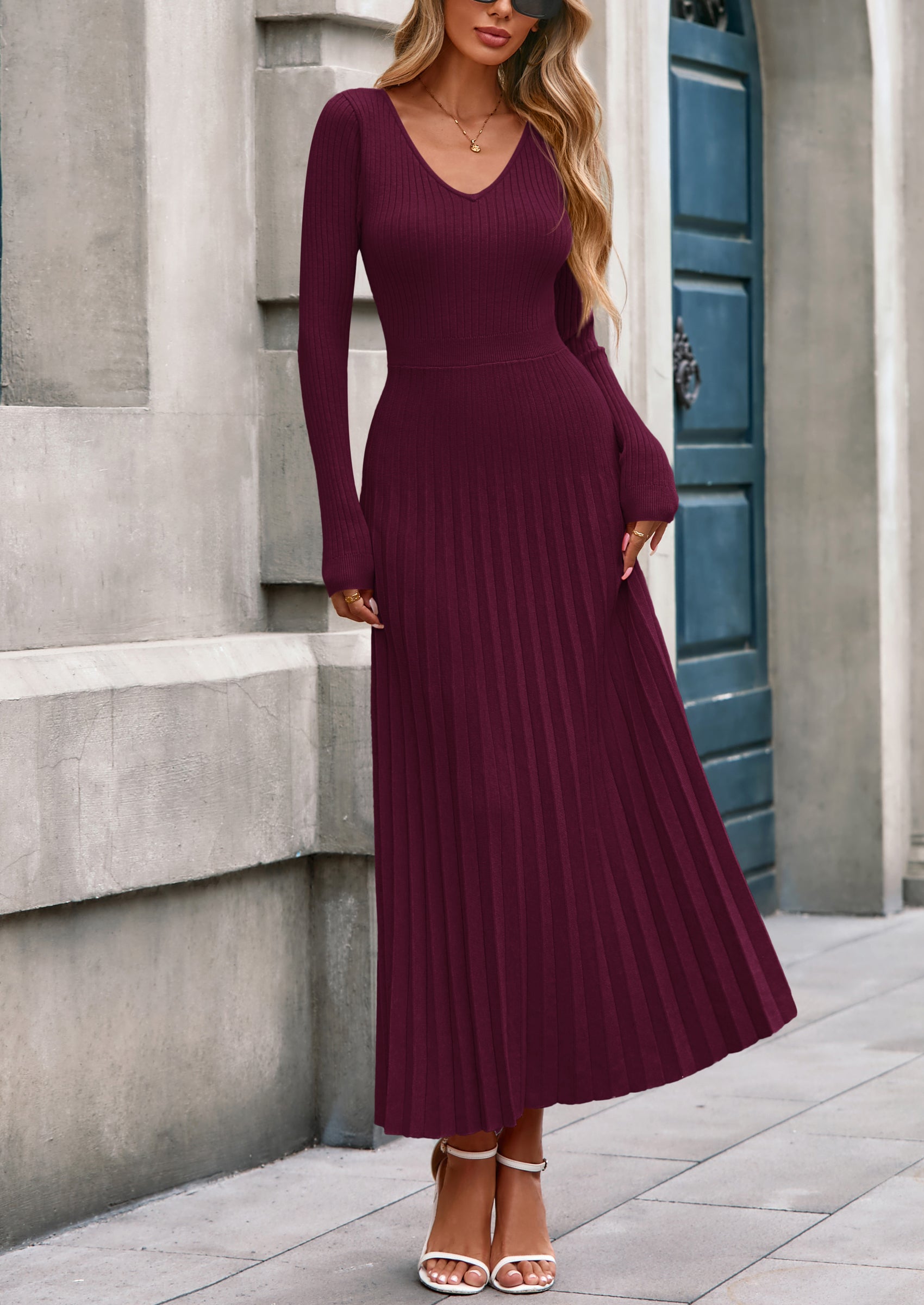 PRETTYGARDEN Women Sweater Dress Fall Fashion Long Sleeve V Neck Ribbed Knit Pleated A Line Elegant Maxi Winter Dresses
