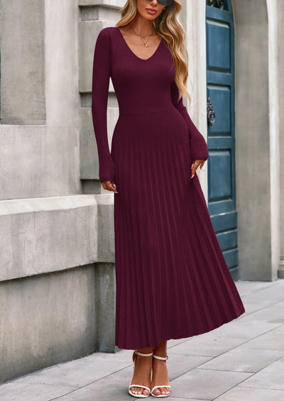 PRETTYGARDEN Women Sweater Dress Fall Fashion Long Sleeve V Neck Ribbed Knit Pleated A Line Elegant Maxi Winter Dresses
