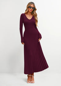 PRETTYGARDEN Women Sweater Dress Fall Fashion Long Sleeve V Neck Ribbed Knit Pleated A Line Elegant Maxi Winter Dresses