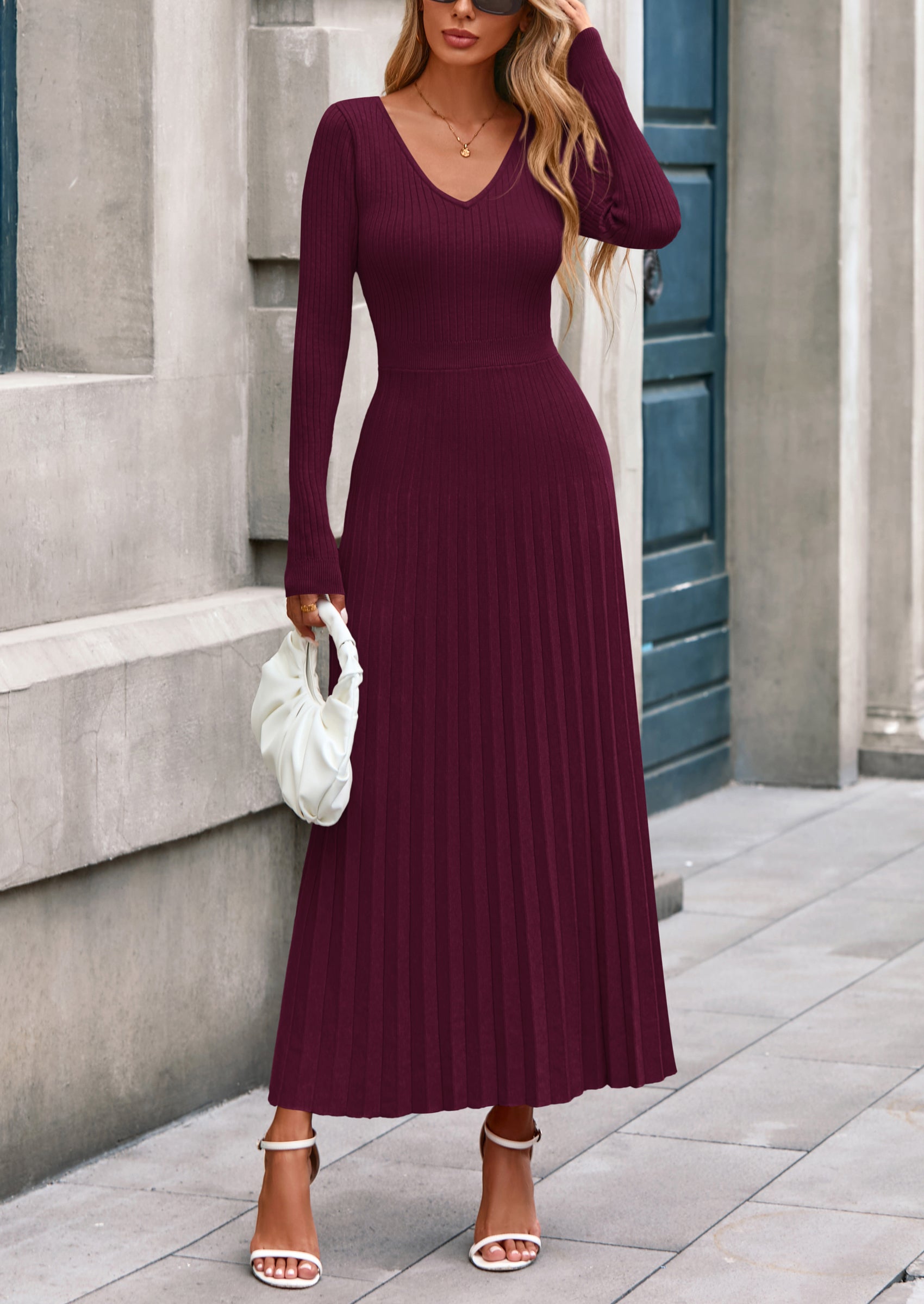 PRETTYGARDEN Women Sweater Dress Fall Fashion Long Sleeve V Neck Ribbed Knit Pleated A Line Elegant Maxi Winter Dresses