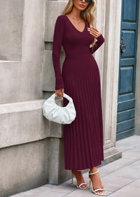PRETTYGARDEN Women Sweater Dress Fall Fashion Long Sleeve V Neck Ribbed Knit Pleated A Line Elegant Maxi Winter Dresses