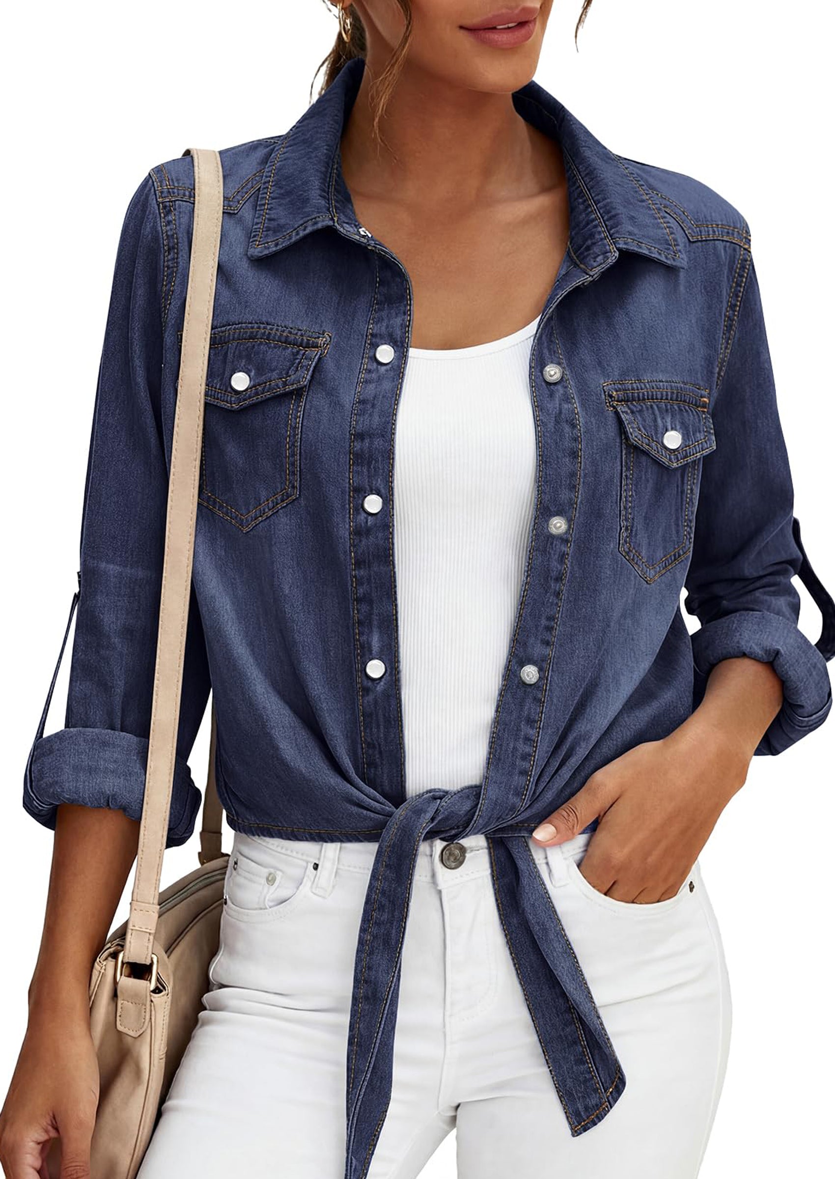 PRETTYGARDEN Womens Denim Shirts Collared Long Sleeve Button Down Shirt Women Tie Front Cardigans Summer Crop Tops Blouses