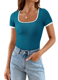 Summer Casual Short Sleeve Ribbed Knit Square Neck Color Block Slim Fit Basic Crop Tops