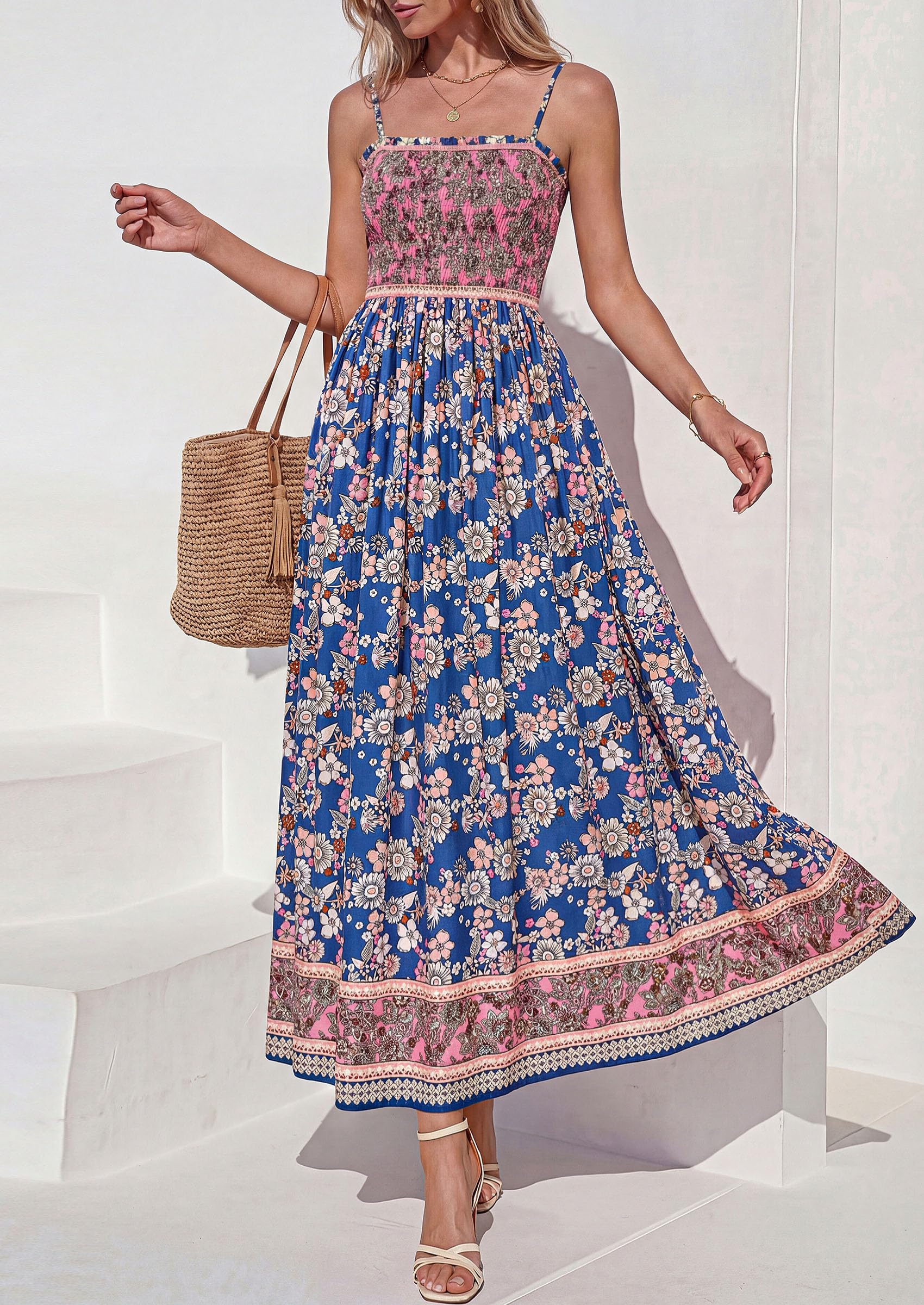 PRETTYGARDEN Womens Floral Maxi Dress Boho Casual Summer Spaghetti Strap Smocked Sleeveless Flowy Beach Vacation Dresses