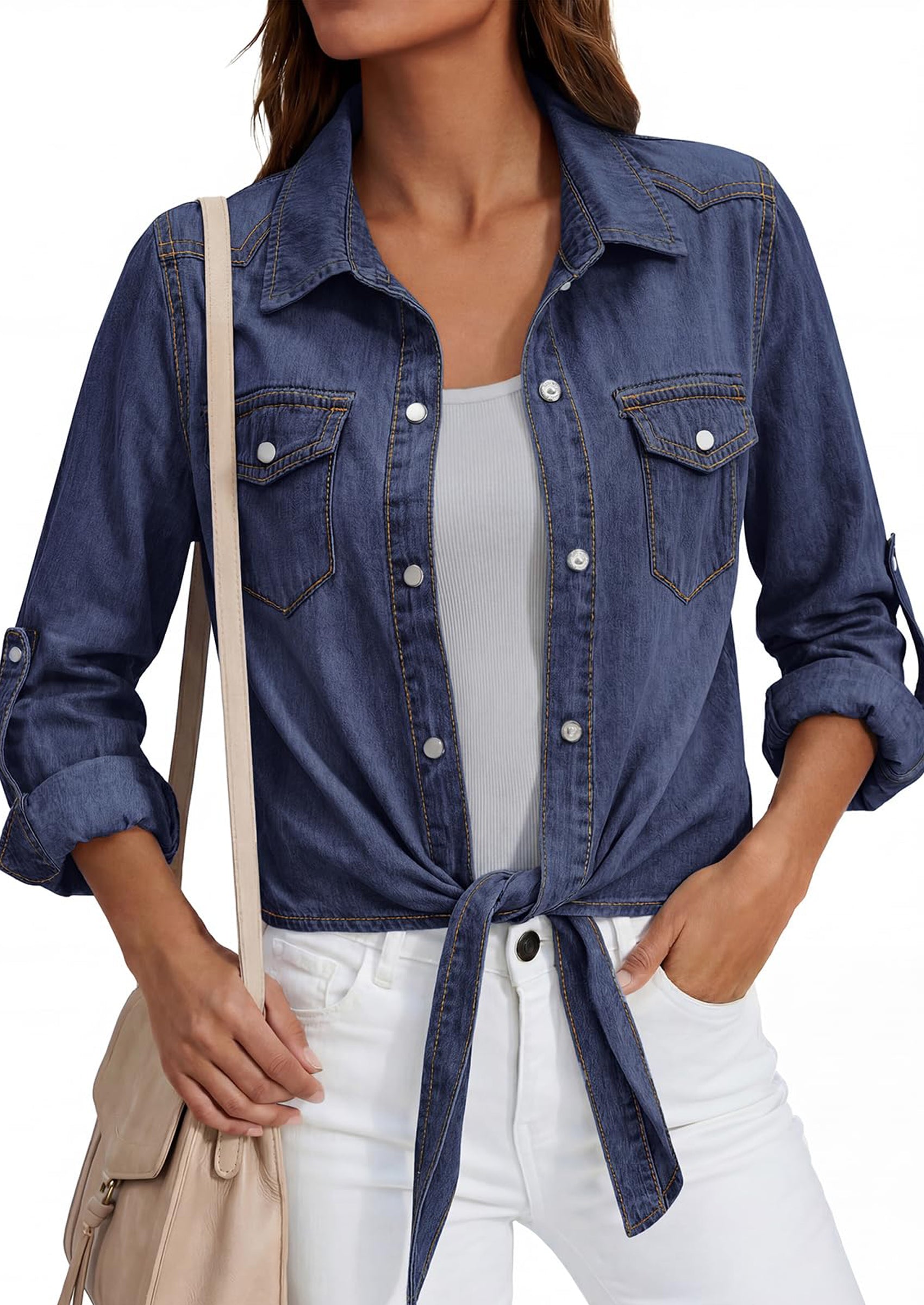 PRETTYGARDEN Womens Denim Shirts Collared Long Sleeve Button Down Shirt Women Tie Front Cardigans Summer Crop Tops Blouses