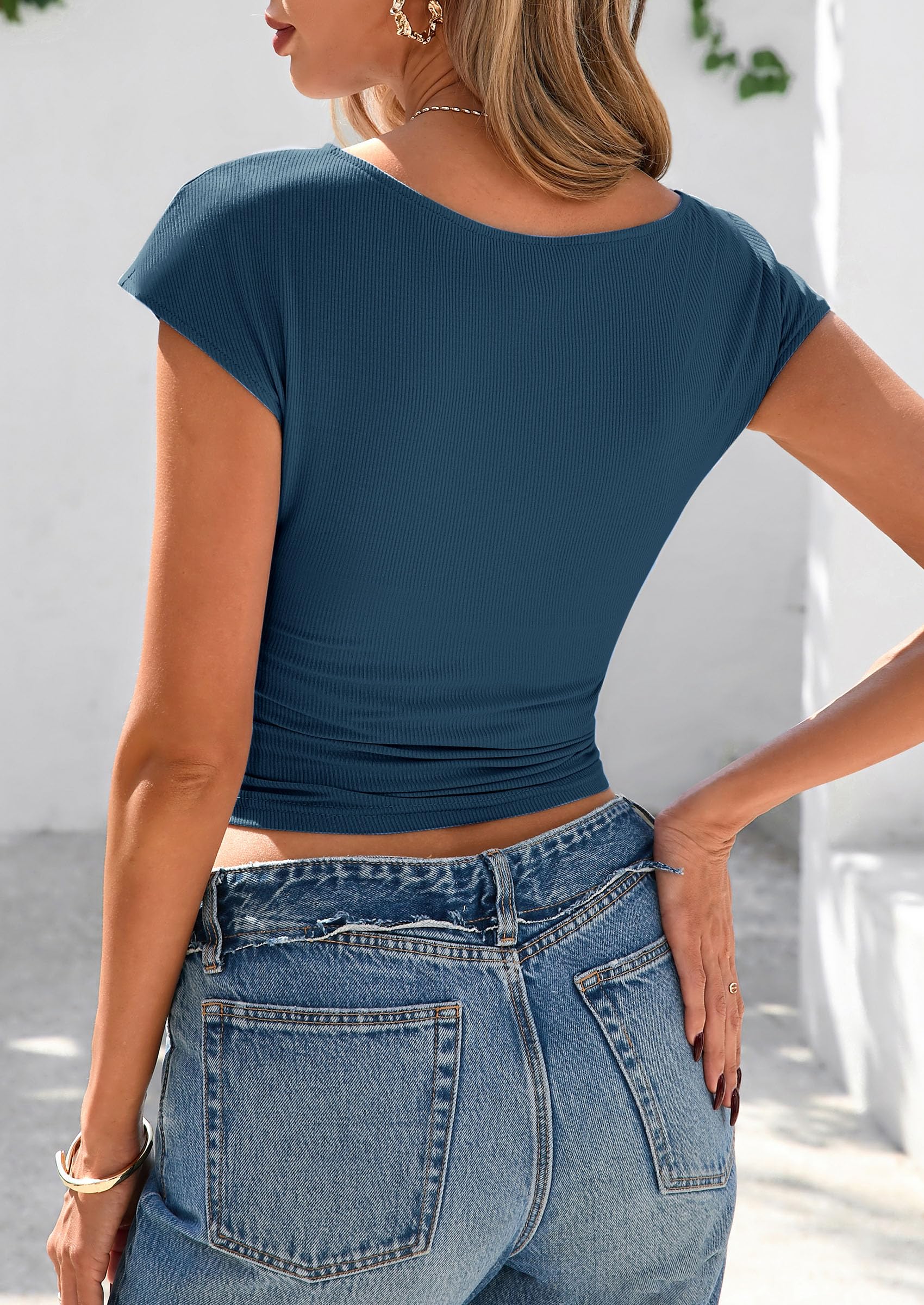 PRETTYGARDEN Women's Ruched Crop Tank Tops Summer Trendy Cap Sleeve Ribbed Knit Basic Fitted Going Out Tee Shirts