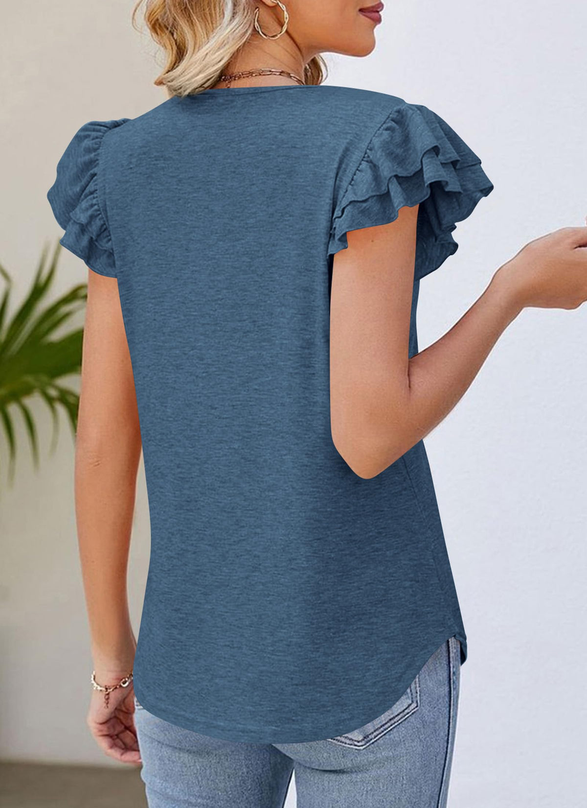 Summer Basic Casual Ruffle Short Sleeve V Neck Tops