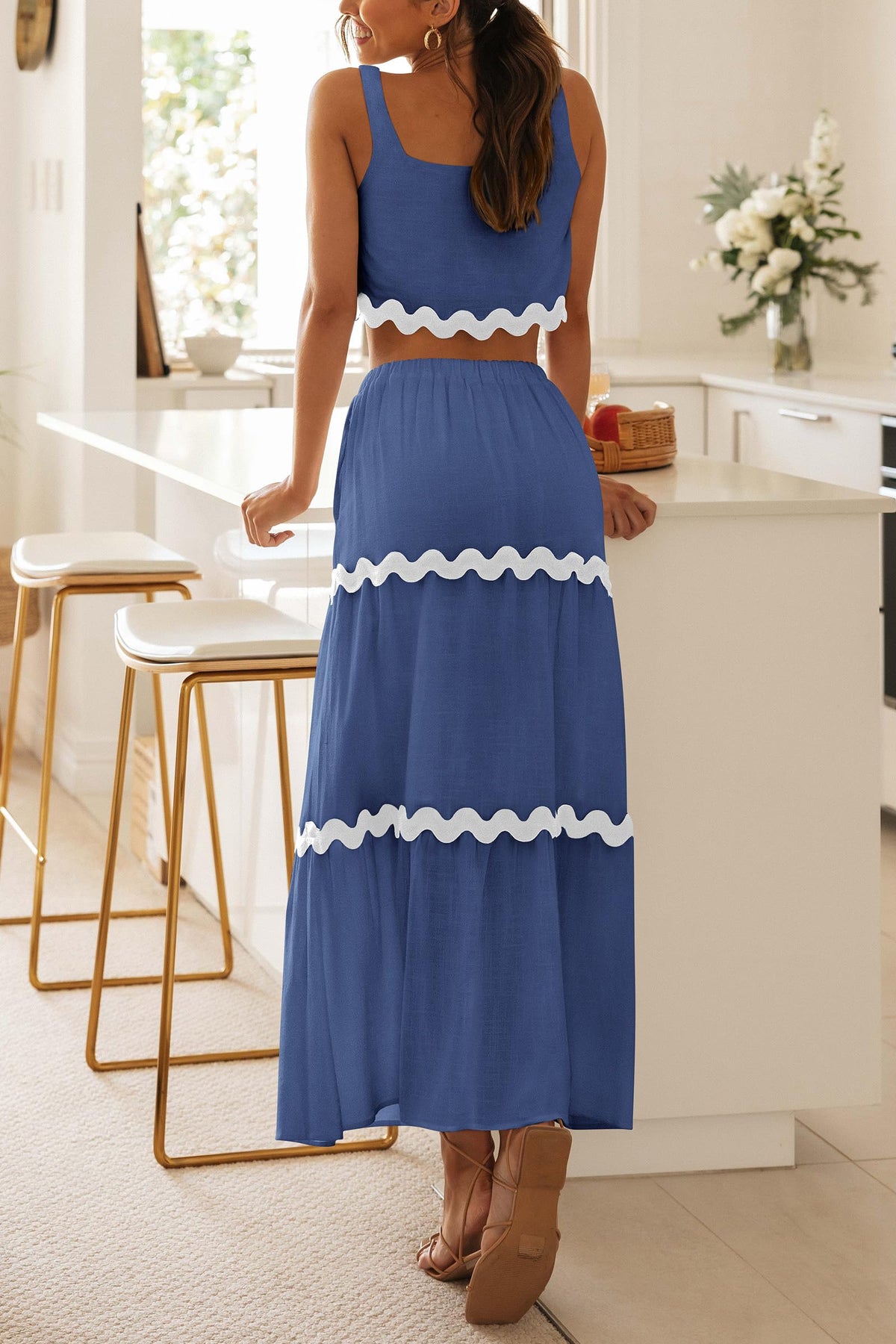 2 Piece Summer Casual Sleeveless Cropped Tank Top High Waisted Maxi Skirt Set