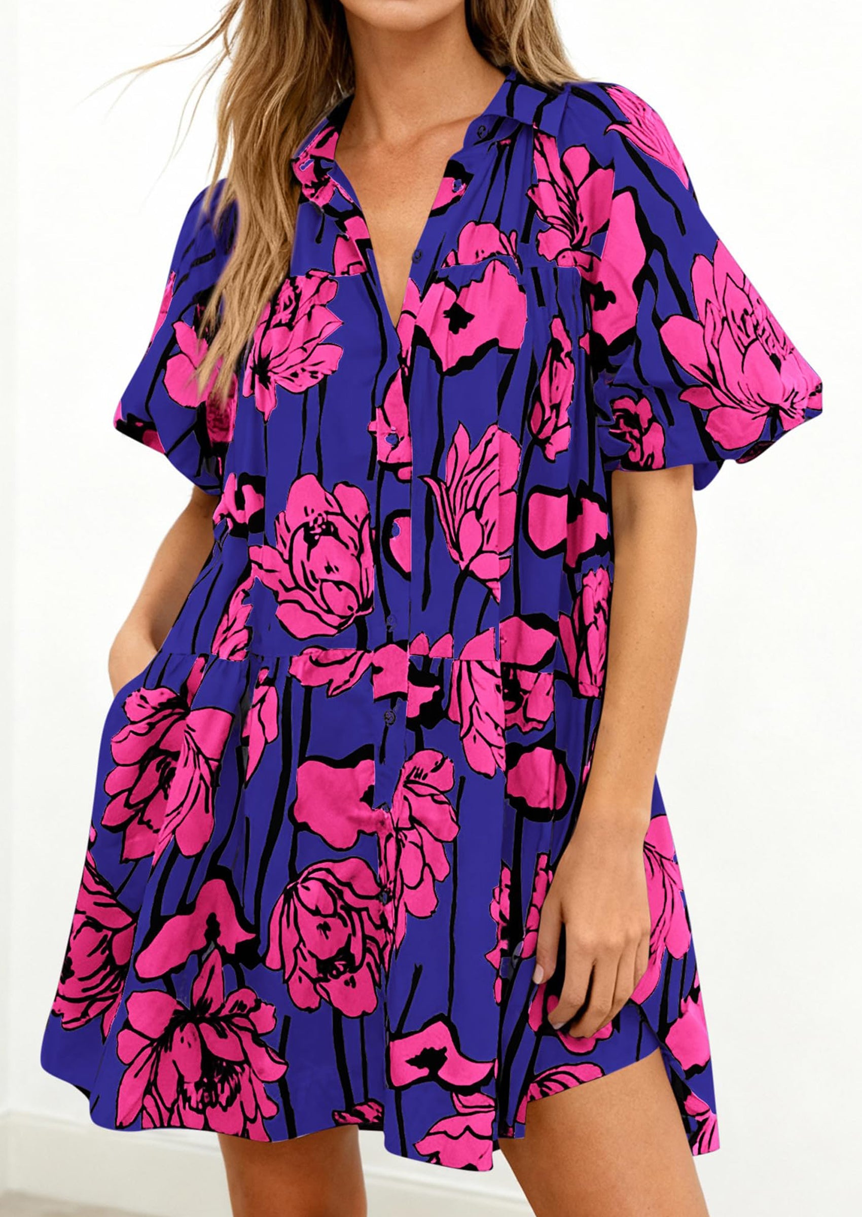 PRETTYGARDEN Womens Summer Dresses 2026 Casual Puff Sleeve Button Down Mini Shirt Dress Boho Floral Babydoll Sun Dress PRETTYGARDEN