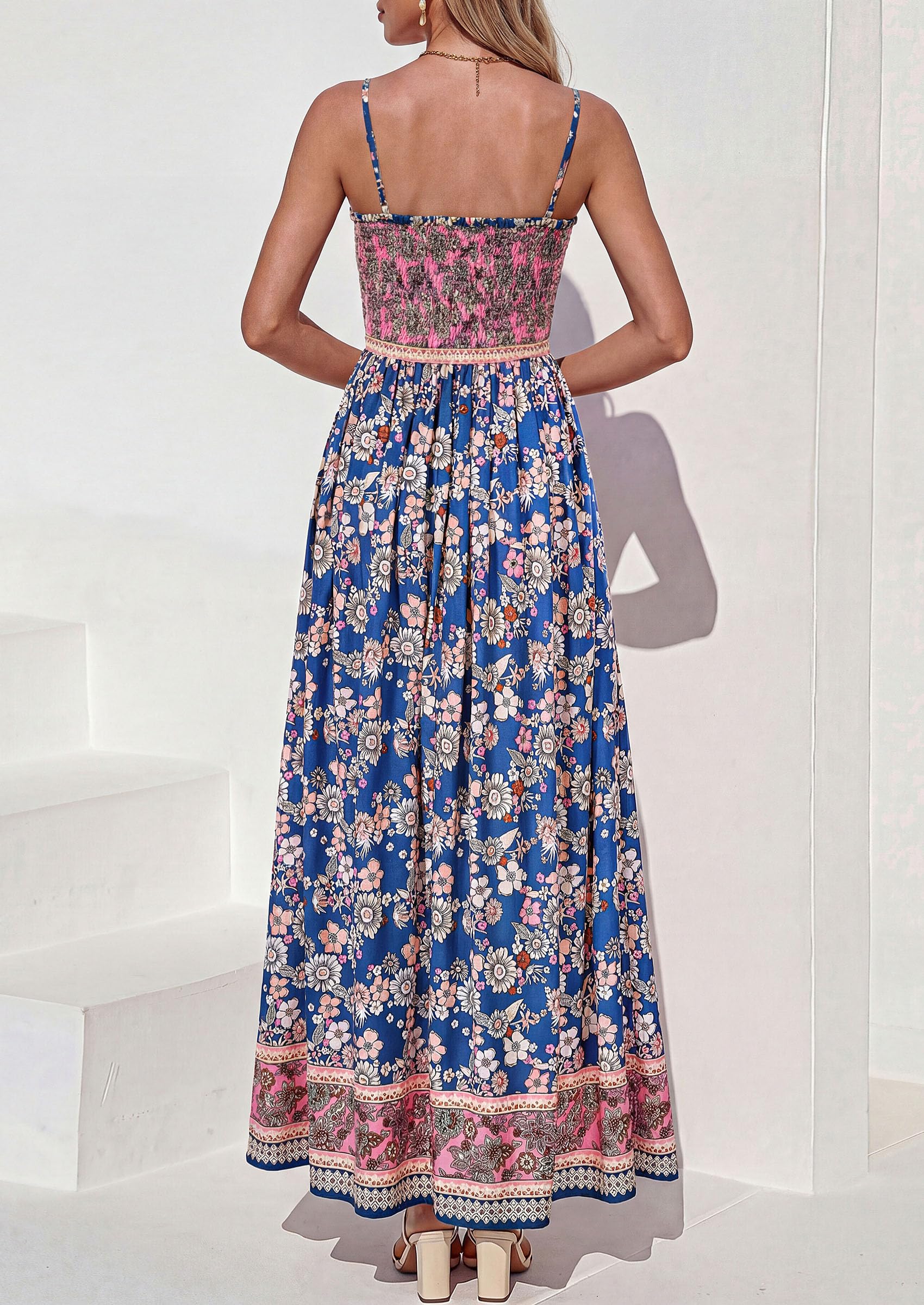 PRETTYGARDEN Womens Floral Maxi Dress Boho Casual Summer Spaghetti Strap Smocked Sleeveless Flowy Beach Vacation Dresses