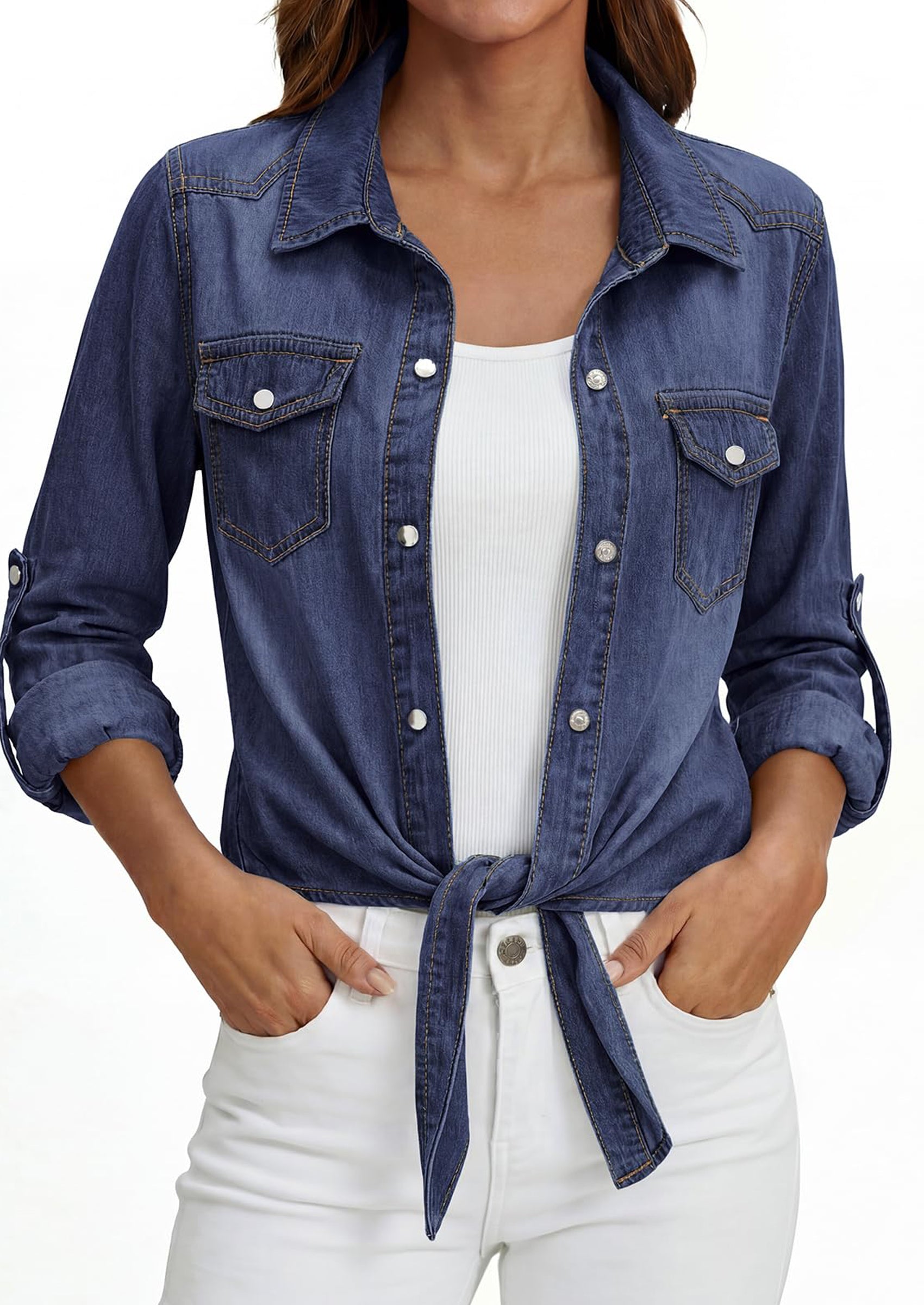 PRETTYGARDEN Womens Denim Shirts Collared Long Sleeve Button Down Shirt Women Tie Front Cardigans Summer Crop Tops Blouses