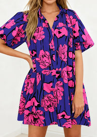 PRETTYGARDEN Womens Summer Dresses 2026 Casual Puff Sleeve Button Down Mini Shirt Dress Boho Floral Babydoll Sun Dress PRETTYGARDEN