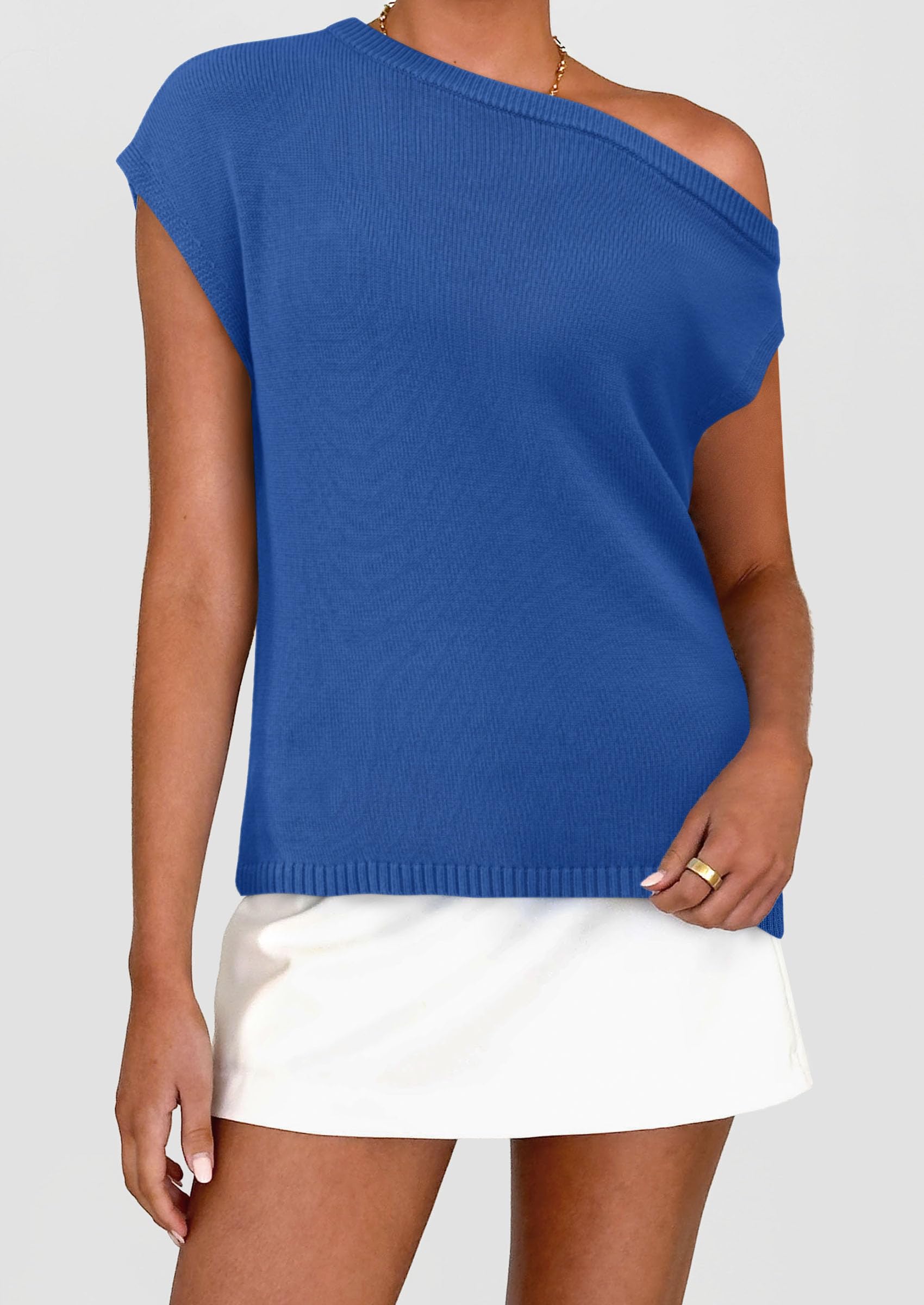 PRETTYGARDEN Womens Off The Shoulder Tops Summer Casual Short Sleeve Tunic T Shirts Lightweight Knit Sweaters