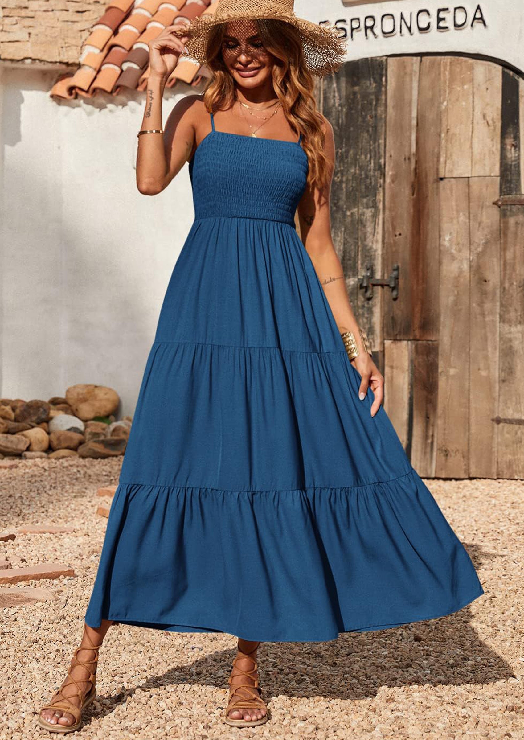 PRETTYGARDEN Women's Summer Maxi Dress Casual Boho Sleeveless Spaghetti Strap Smocked Tiered Long Beach Sundresses PRETTYGARDEN