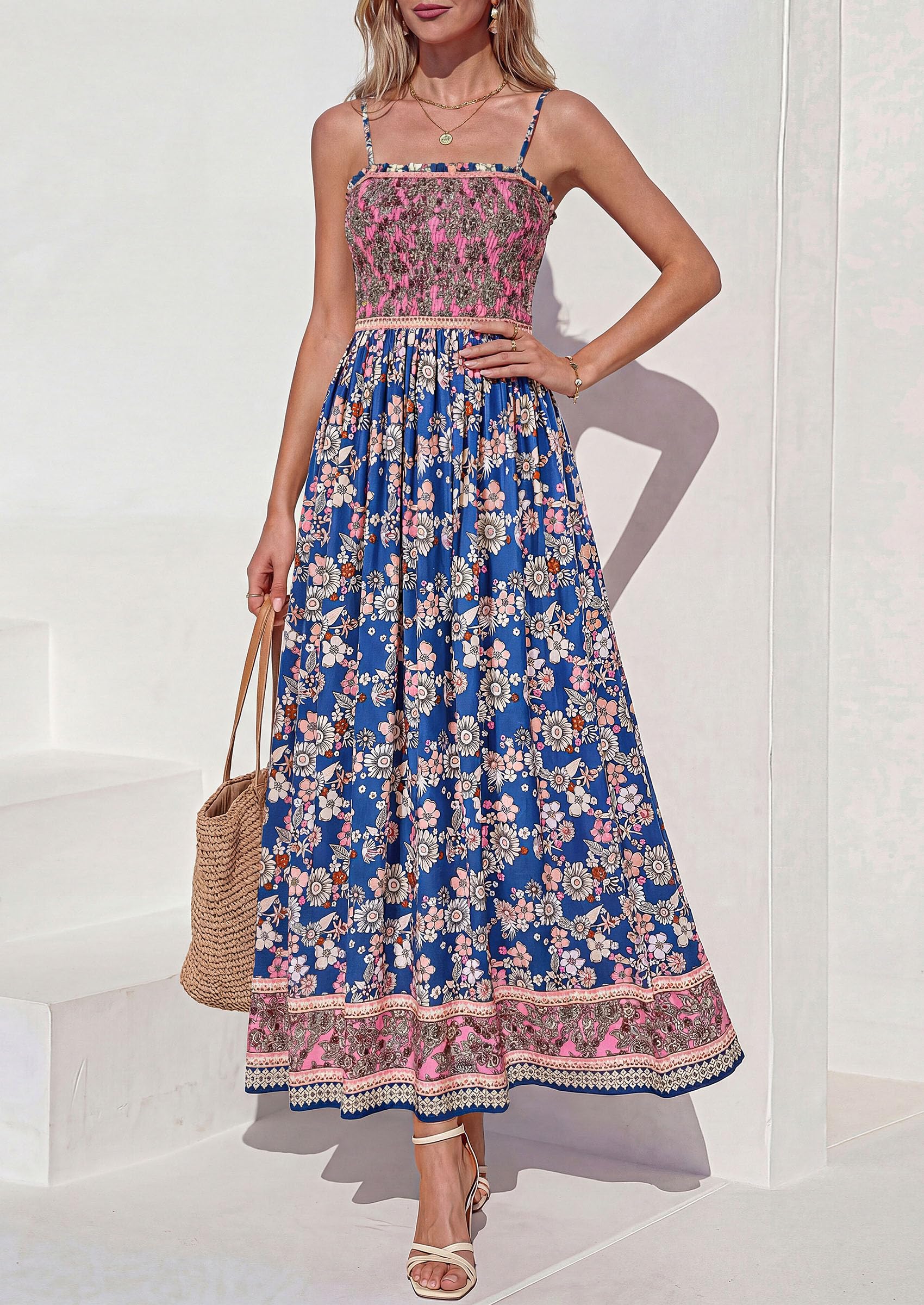 PRETTYGARDEN Womens Floral Maxi Dress Boho Casual Summer Spaghetti Strap Smocked Sleeveless Flowy Beach Vacation Dresses