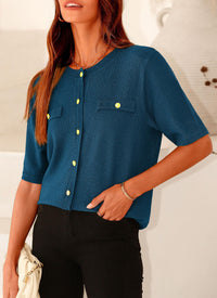 Button Down Casual Short Sleeve Crew Neck Ribbed Knit Shirts