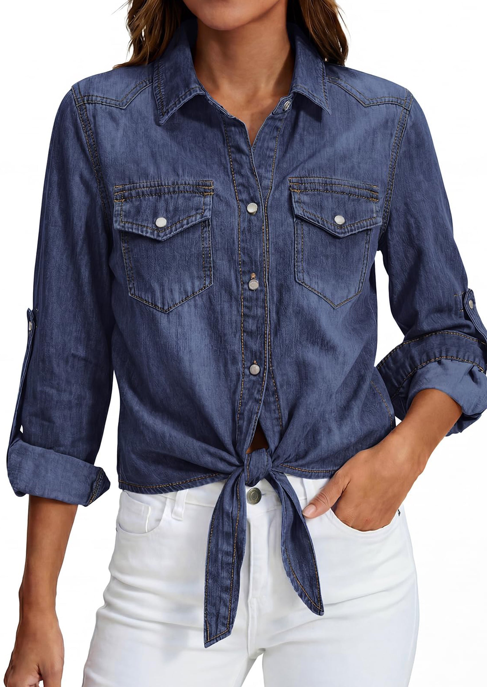 PRETTYGARDEN Womens Denim Shirts Collared Long Sleeve Button Down Shirt Women Tie Front Cardigans Summer Crop Tops Blouses