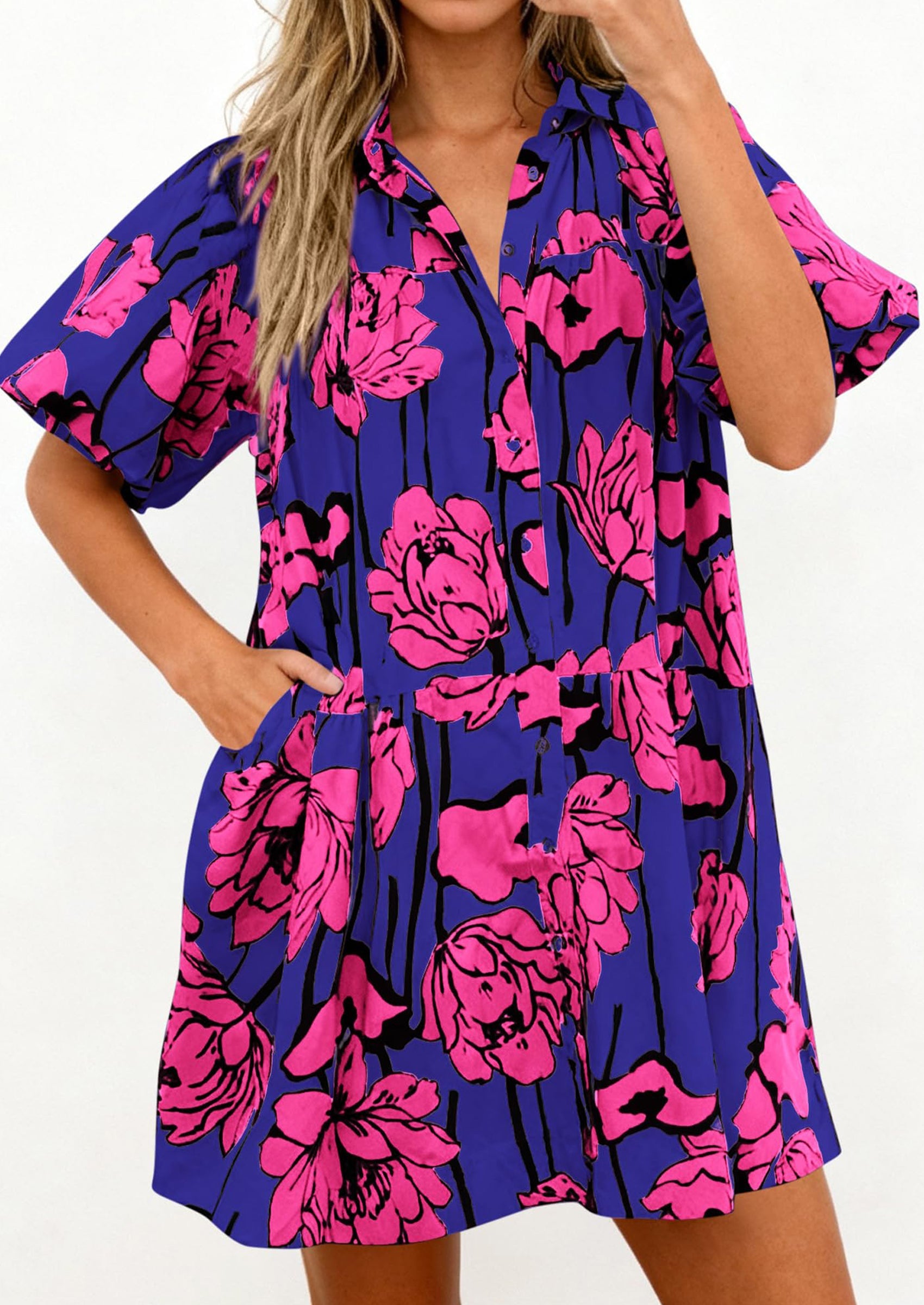 PRETTYGARDEN Womens Summer Dresses 2026 Casual Puff Sleeve Button Down Mini Shirt Dress Boho Floral Babydoll Sun Dress PRETTYGARDEN
