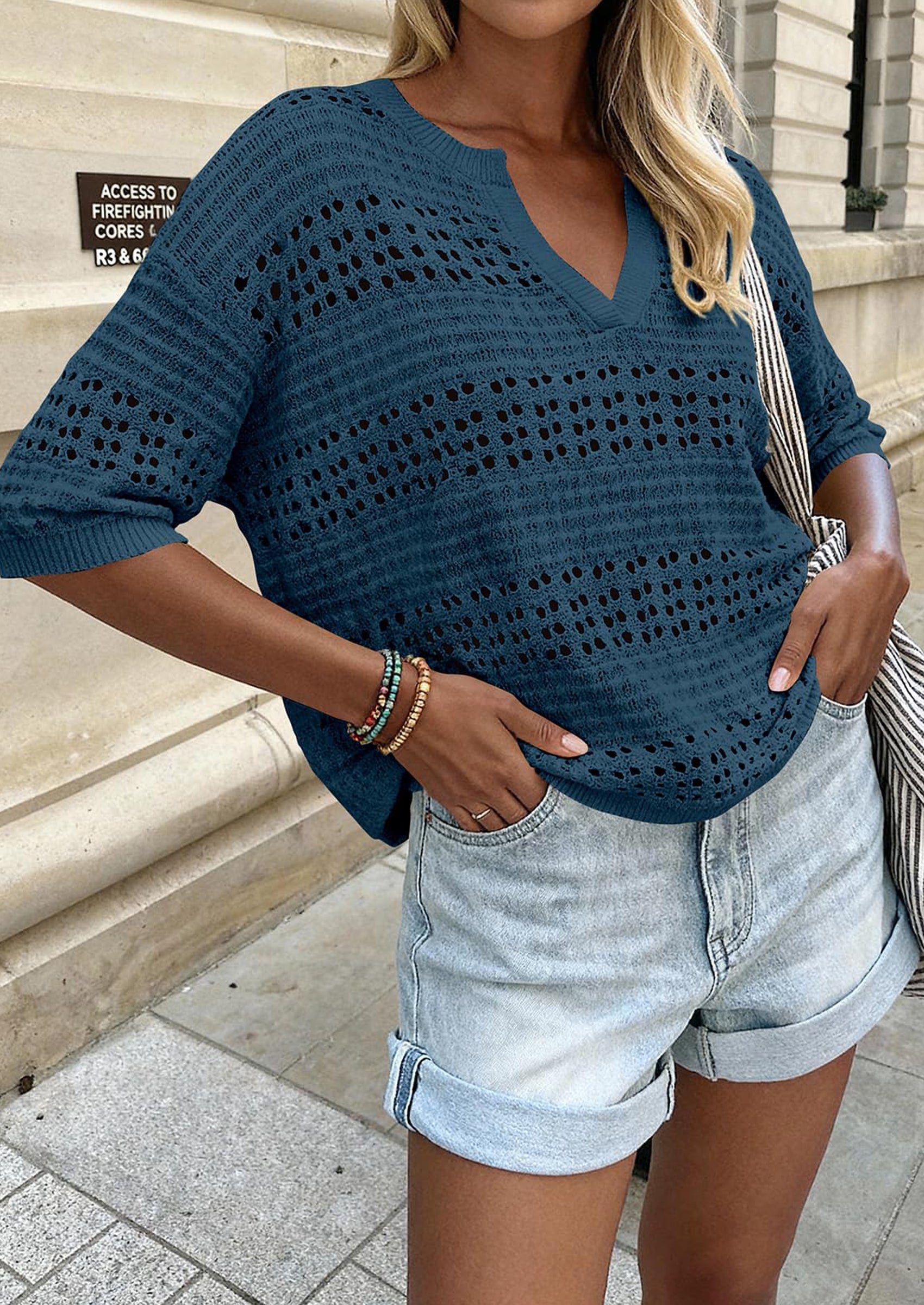 PRETTYGARDEN Womens Crochet Tops Casual Cotton Hollow Out Knit Short Sleeve Oversized Sweater for Women Summer Beach Cover Up PRETTYGARDEN