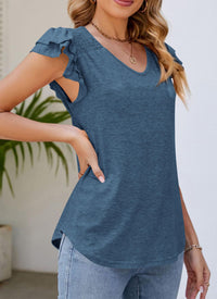 Summer Basic Casual Ruffle Short Sleeve V Neck Tops