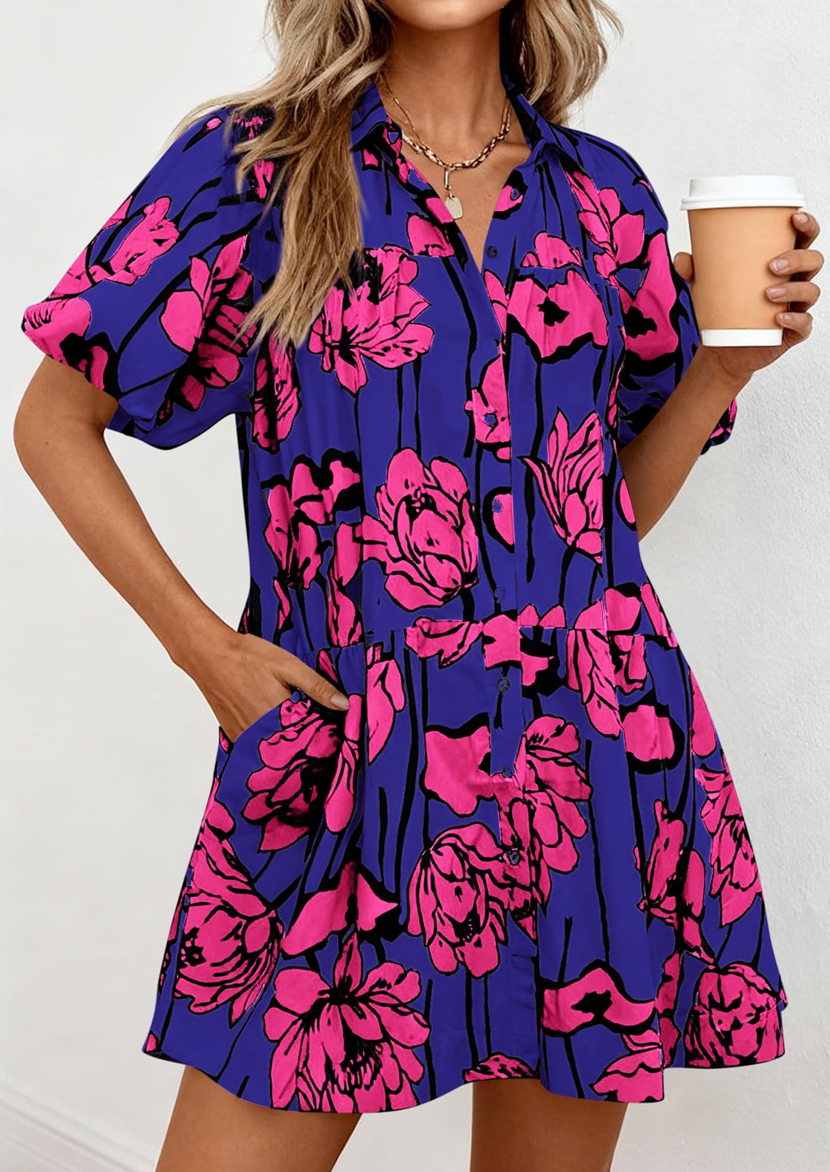 PRETTYGARDEN Womens Summer Dresses 2026 Casual Puff Sleeve Button Down Mini Shirt Dress Boho Floral Babydoll Sun Dress PRETTYGARDEN