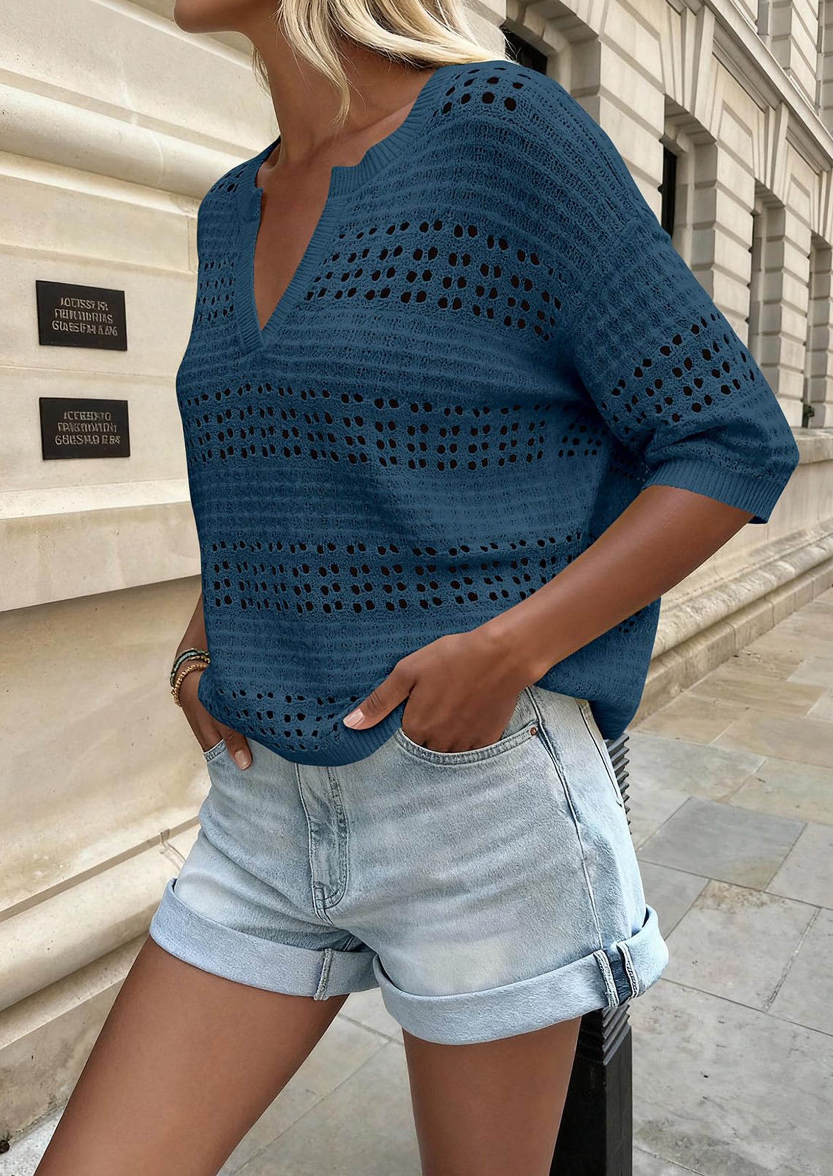 PRETTYGARDEN Womens Crochet Tops Casual Cotton Hollow Out Knit Short Sleeve Oversized Sweater for Women Summer Beach Cover Up PRETTYGARDEN