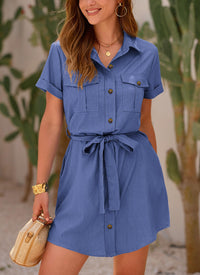 Casual Summer Short Sleeve Button Down V Neck Collared Belted Pocket Dresses