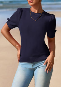 PRETTYGARDEN Womens Tops Spring Summer Puff Short Sleeve Sweater Crewneck Knit Work Blouses Dressy Casual Trendy Shirts PRETTYGARDEN