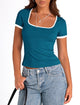 Summer Casual Short Sleeve Ribbed Knit Square Neck Color Block Slim Fit Basic Crop Tops