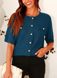 Button Down Casual Short Sleeve Crew Neck Ribbed Knit Shirts