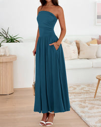 BTFBM Summer Maxi Dresses for Women Strapless Ruched Tube Top Beach Vacation Spring Wedding Guest Dress Pockets PRETTYGARDEN