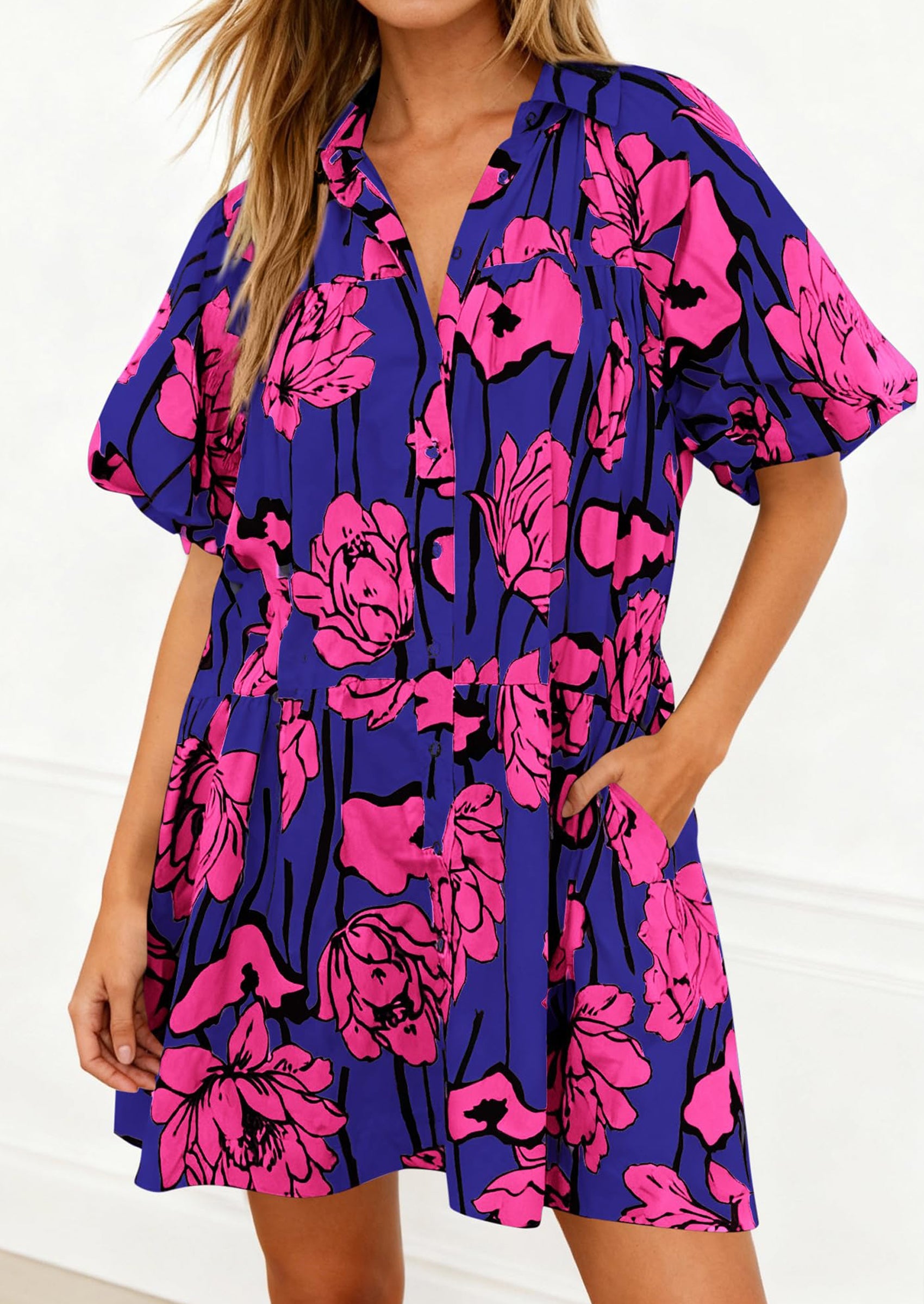 PRETTYGARDEN Womens Summer Dresses 2026 Casual Puff Sleeve Button Down Mini Shirt Dress Boho Floral Babydoll Sun Dress PRETTYGARDEN