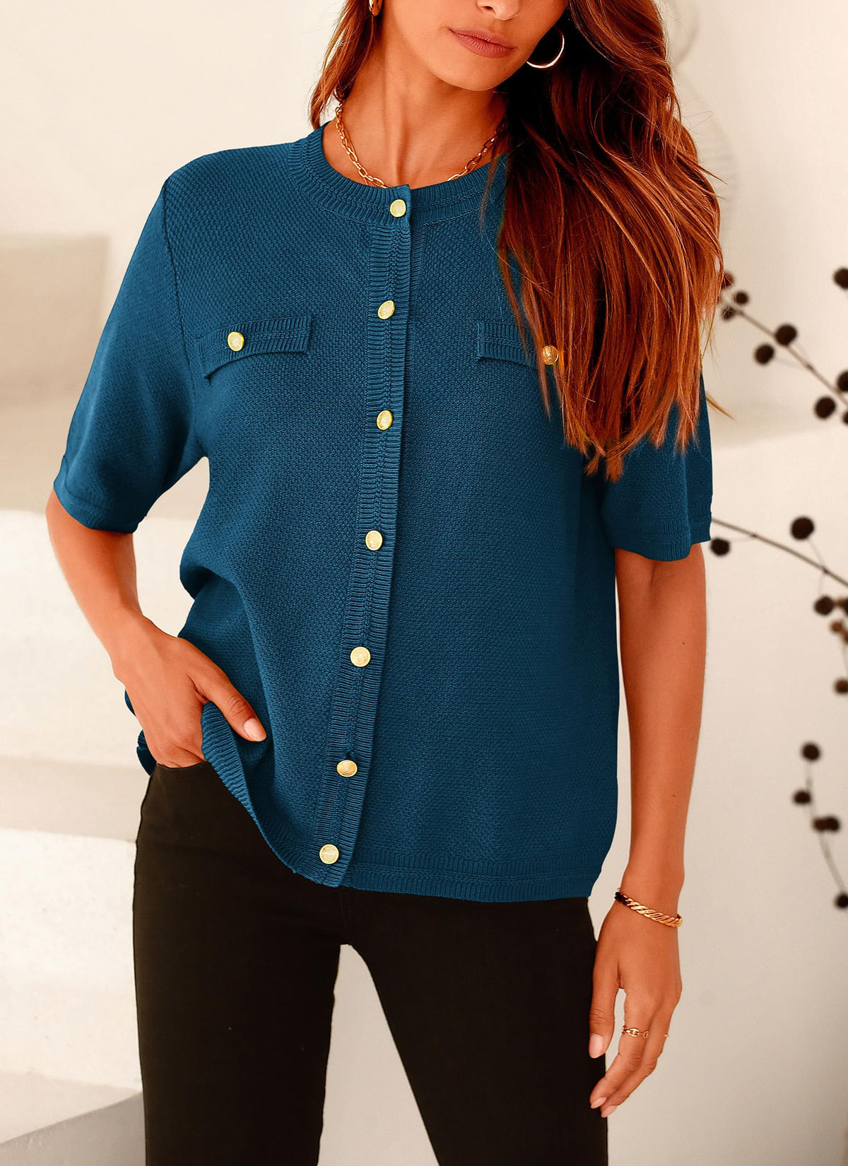 Button Down Casual Short Sleeve Crew Neck Ribbed Knit Shirts