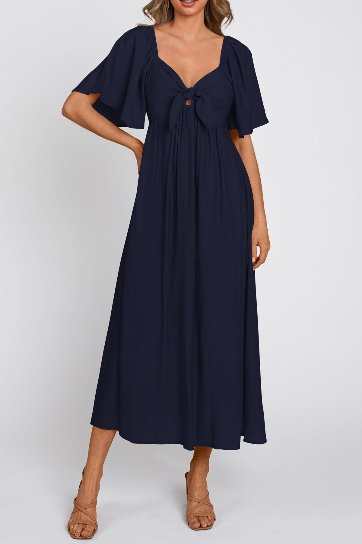 Casual Short Sleeve Bow Tie V Neck Ruffle Flowy Midi Dresses