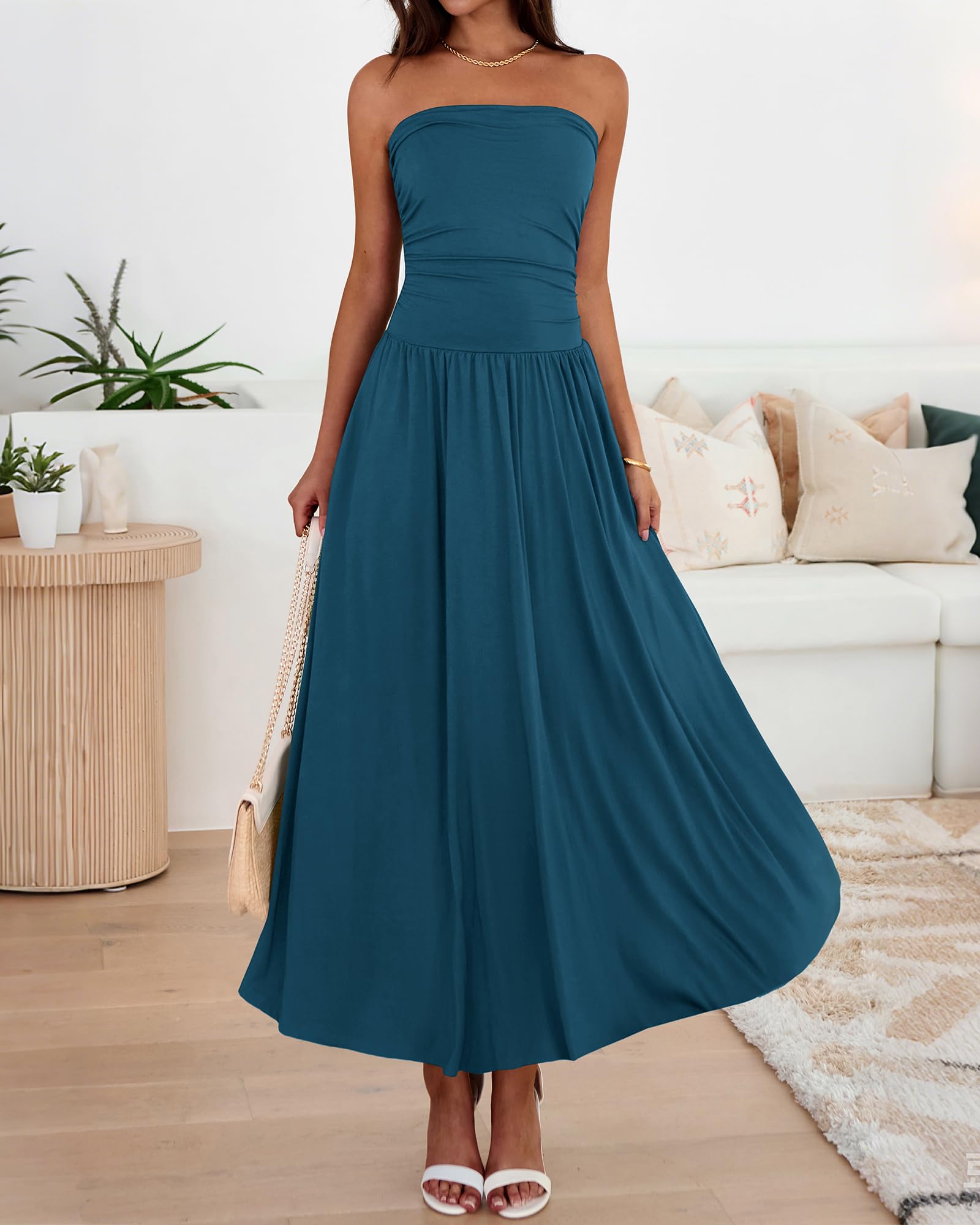 BTFBM Summer Maxi Dresses for Women Strapless Ruched Tube Top Beach Vacation Spring Wedding Guest Dress Pockets PRETTYGARDEN