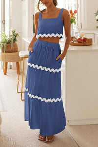 2 Piece Summer Casual Sleeveless Cropped Tank Top High Waisted Maxi Skirt Set