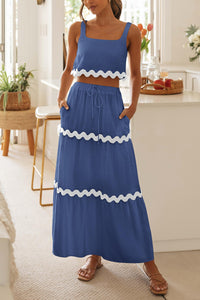 2 Piece Summer Casual Sleeveless Cropped Tank Top High Waisted Maxi Skirt Set