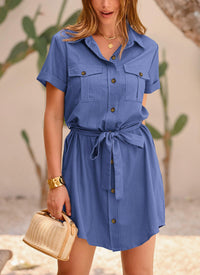 Casual Summer Short Sleeve Button Down V Neck Collared Belted Pocket Dresses